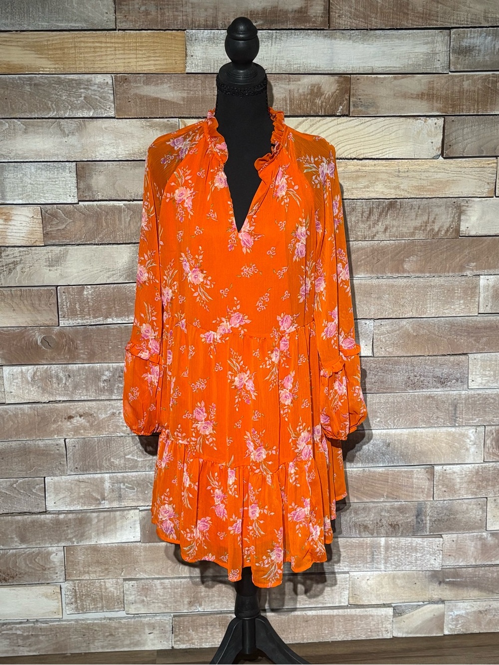 Vince Camuto Orange Floral Chiffon Tiered Peasant Mini Dress Size S